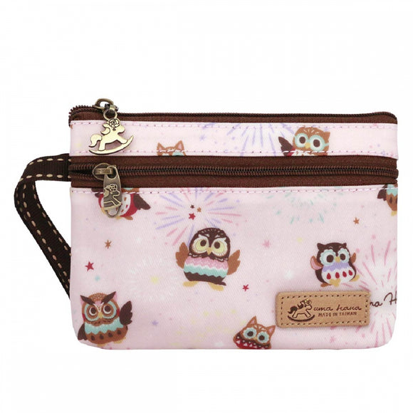 3 Zippers Pop Coin Pouch with Wristlet | UMA236 | Fireworks Owl Pink