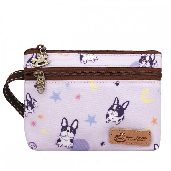 3 Zippers Pop Coin Pouch with Wristlet | UMA236 | French Bulldog Star Purple