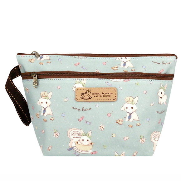 Double Zipper Large Cosmetic Pouch | UMA246 | Bunny on Scale Sky Blue